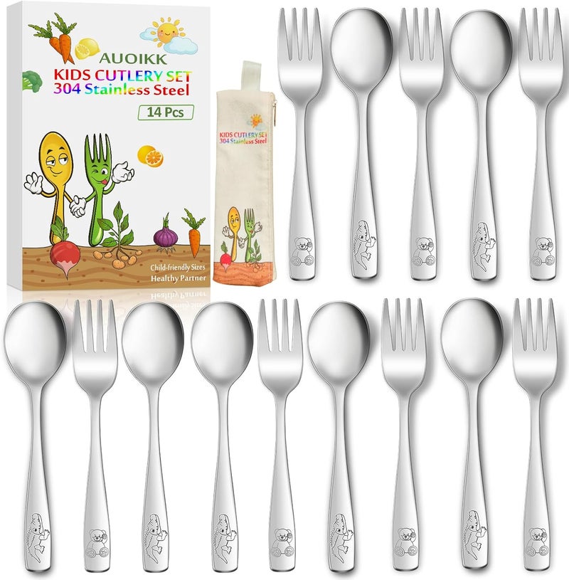 AUOIKK 14-Piece Toddler Flatware, Kids Utensils Stainless Steel Cutlery Set, Children Safe Spoons and Forks with Ergonomic Handle, Easy to use and Dishwasher Safe (Crocodile and Bear) - Image 1